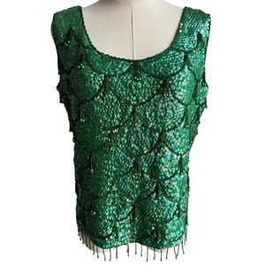 Vintage 1970s Hong Kong Hand-Beaded Sequin Top Sz 38 M Mermaid Scallop Party